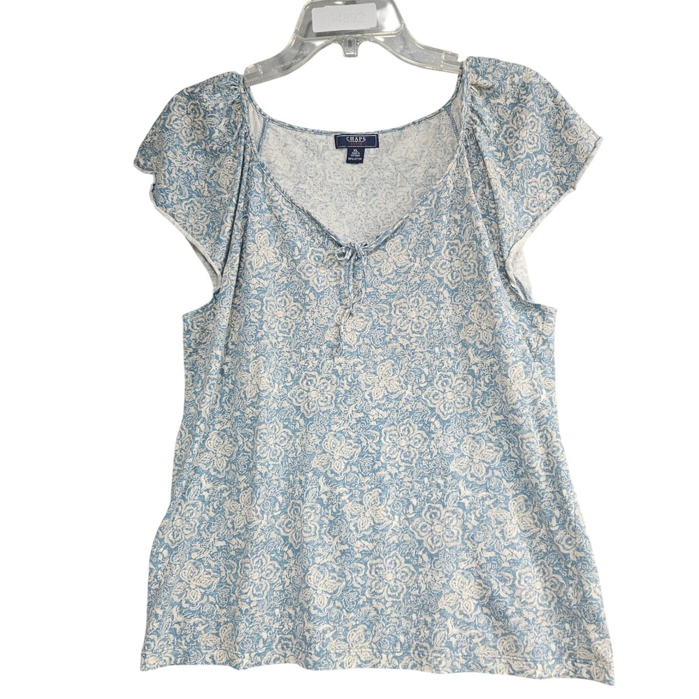 Chaps Denim Womens XL Blue White Floral Cotton Flutter Sleeve Scoop Neck Top